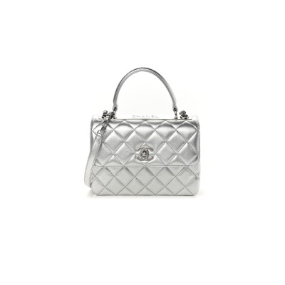 CHANEL METALLIC LAMBSKIN QUILTED SMALL TRENDY CC FLAP DUAL HANDLE BAG SILVER  (25*17*9cm)